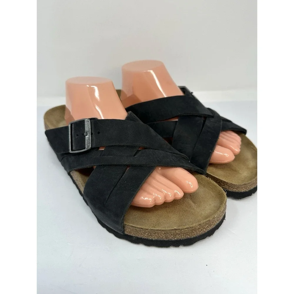 Birkenstock Lugano Suede Sandals SFB Black Mens Size 44 US 11 NWOB